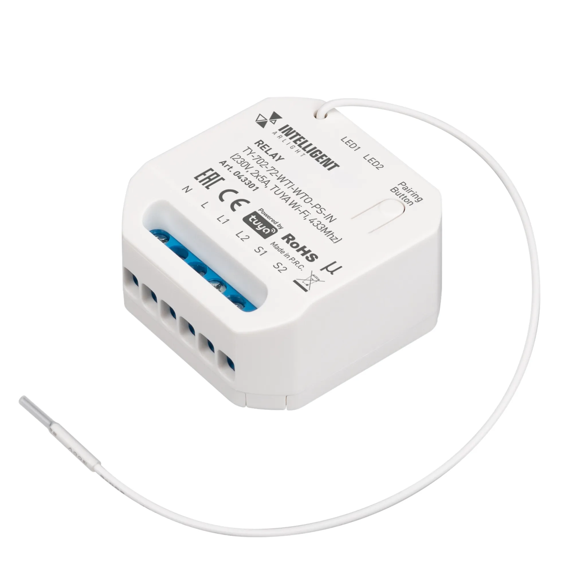 INTELLIGENT ARLIGHT Релейный модуль TY-702-72-WTI-WTO-PS-IN (230V, 2x5A, TUYA Wi-Fi, 433Mhz) (IARL, IP20 Пластик, 3 года) - изображение товара