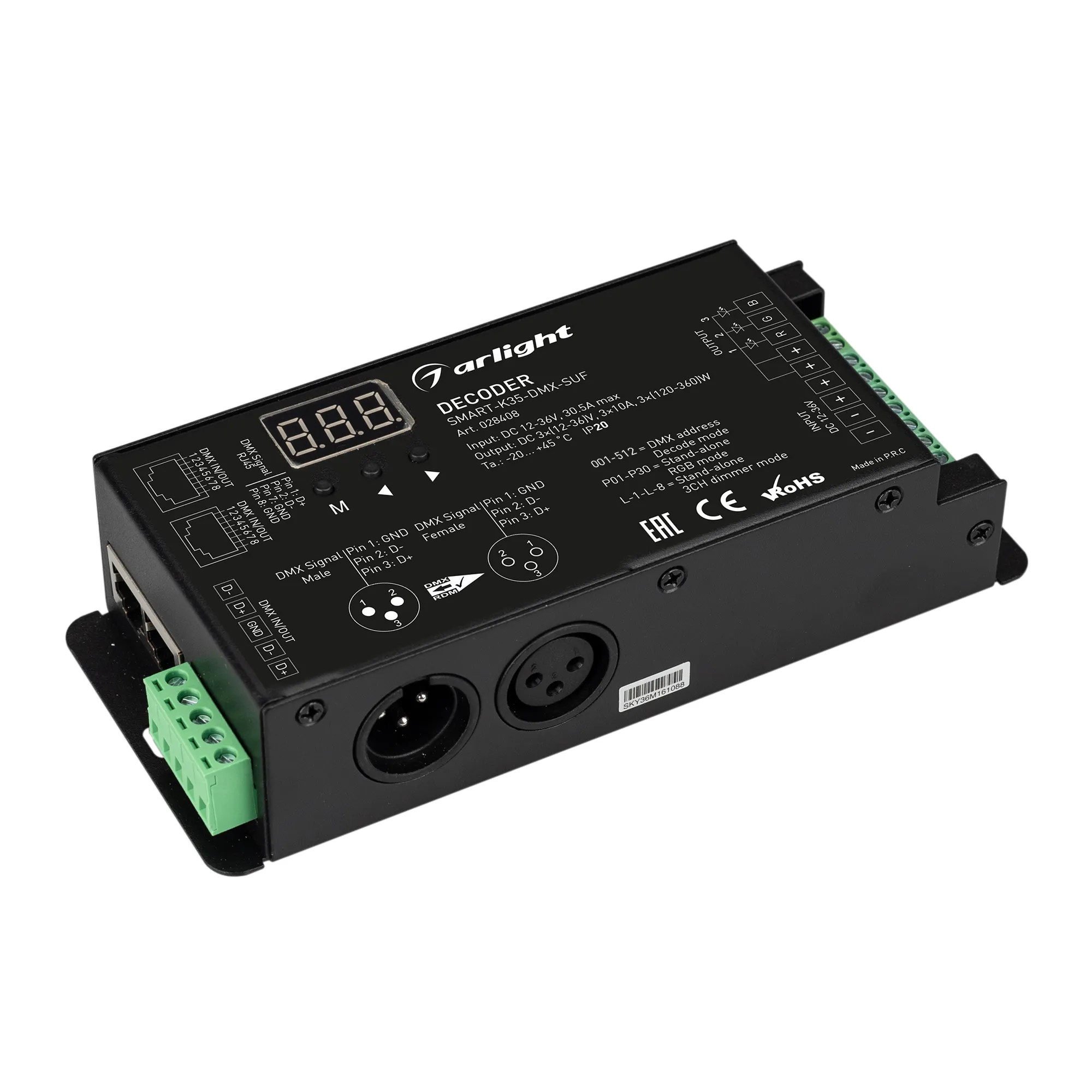 Декодер SMART-K35-DMX-SUF (12-36V, 3x10A, XLR3) (Arlight, Металл) - изображение товара